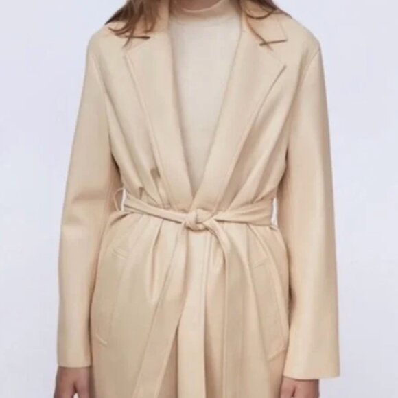 NEW! $90 ZARA Vegan Leather TRENCH COAT Midi Length Ivory Size XL 16 18 Lined - Picture 3 of 6